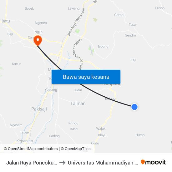 Jalan Raya Poncokusumo to Universitas Muhammadiyah Malang map