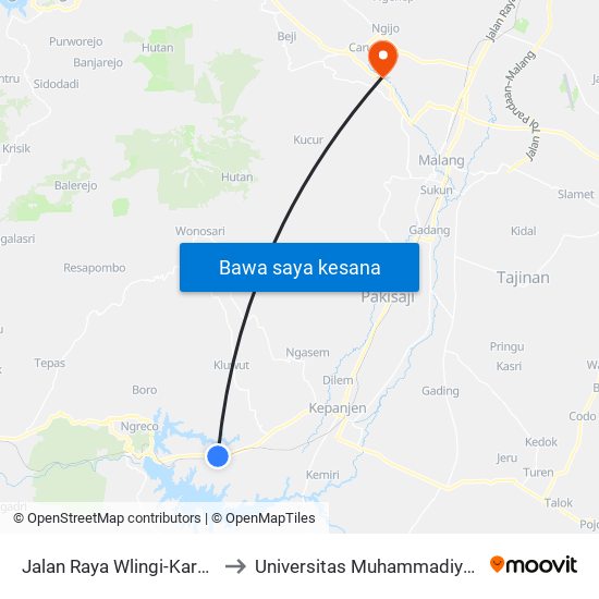 Jalan Raya Wlingi-Karangkates to Universitas Muhammadiyah Malang map