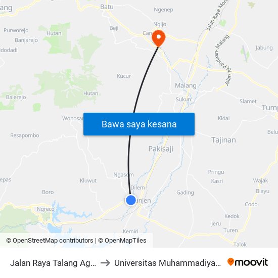 Jalan Raya Talang Agung, 14 to Universitas Muhammadiyah Malang map