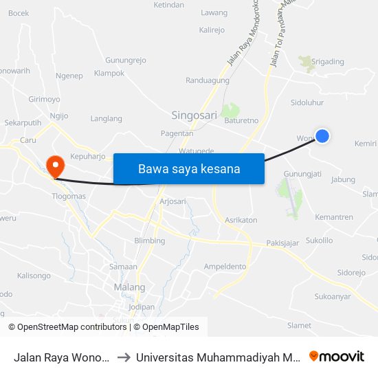 Jalan Raya Wonorejo to Universitas Muhammadiyah Malang map