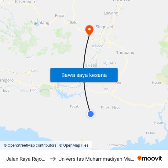 Jalan Raya Rejosari to Universitas Muhammadiyah Malang map