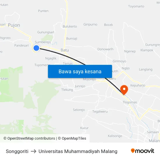 Songgoriti to Universitas Muhammadiyah Malang map
