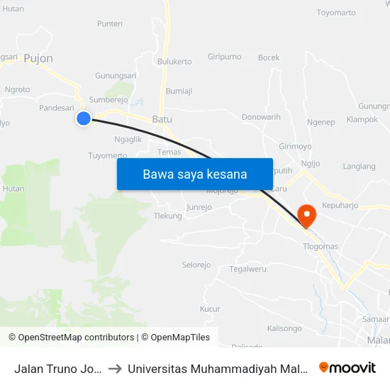 Jalan Truno Joyo to Universitas Muhammadiyah Malang map