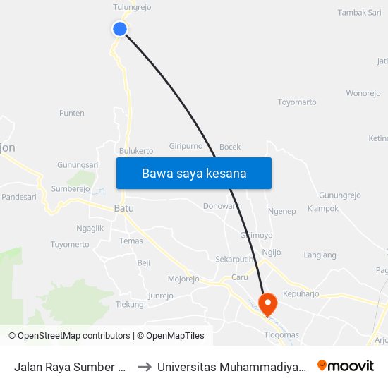 Jalan Raya Sumber Brantas to Universitas Muhammadiyah Malang map