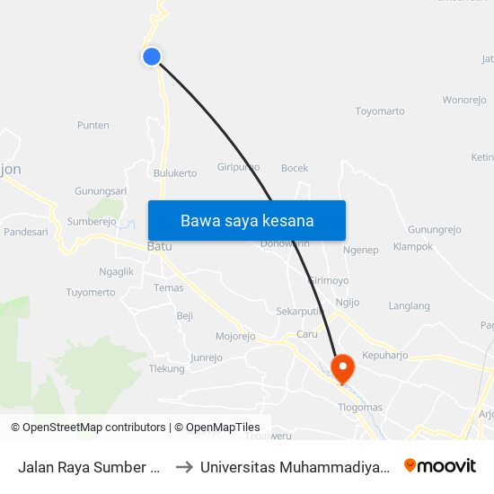 Jalan Raya Sumber Brantas to Universitas Muhammadiyah Malang map