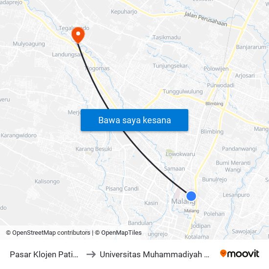 Pasar Klojen Patimura to Universitas Muhammadiyah Malang map