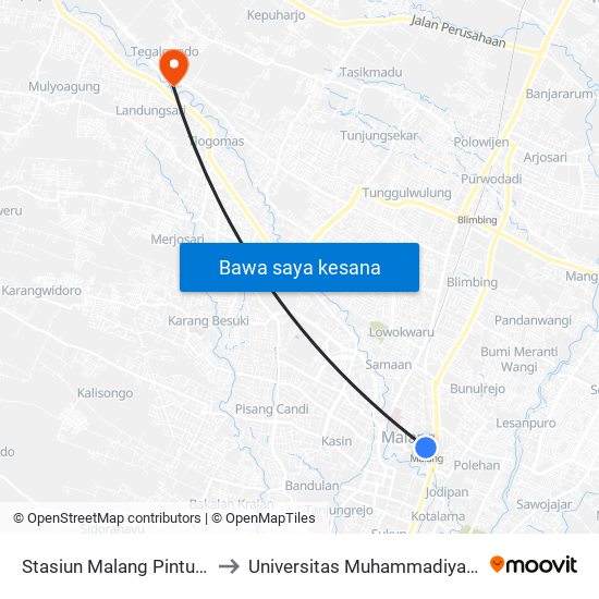 Stasiun Malang Pintu Barat 1 to Universitas Muhammadiyah Malang map