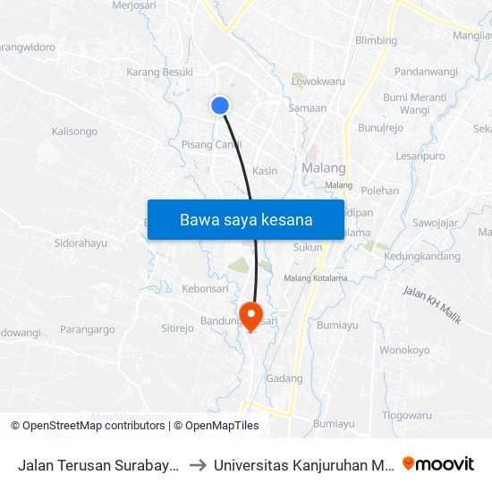 Jalan Terusan Surabaya 55c to Universitas Kanjuruhan Malang map