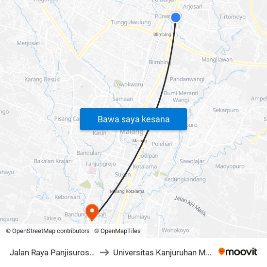 Jalan Raya Panjisuroso 16 to Universitas Kanjuruhan Malang map