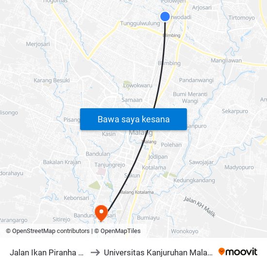 Jalan Ikan Piranha 47 to Universitas Kanjuruhan Malang map