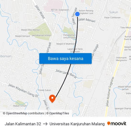 Jalan Kalimantan 32 to Universitas Kanjuruhan Malang map
