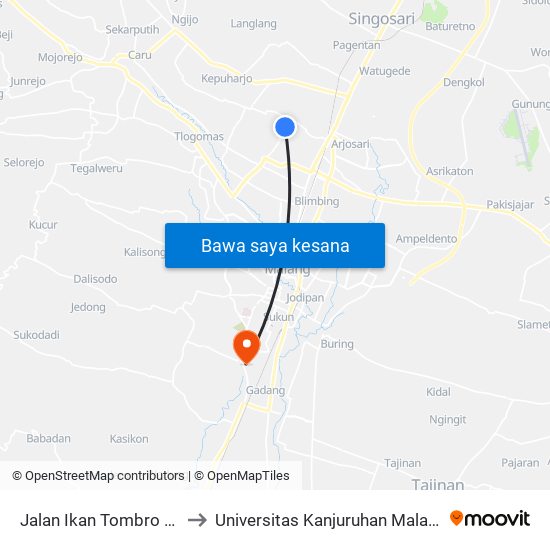 Jalan Ikan Tombro 20 to Universitas Kanjuruhan Malang map