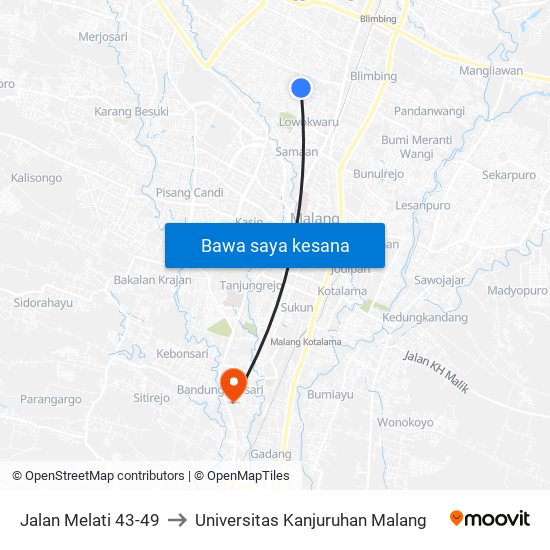 Jalan Melati 43-49 to Universitas Kanjuruhan Malang map