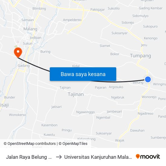 Jalan Raya Belung 17 to Universitas Kanjuruhan Malang map