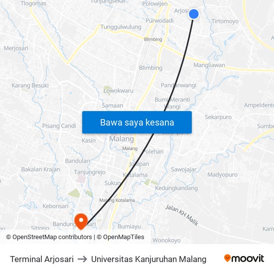 Terminal Arjosari to Universitas Kanjuruhan Malang map