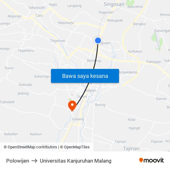 Polowijen to Universitas Kanjuruhan Malang map