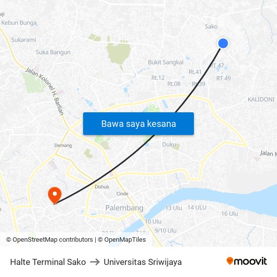 Halte Terminal Sako to Universitas Sriwijaya map