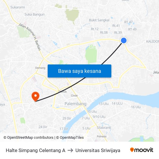 Halte Simpang Celentang A to Universitas Sriwijaya map