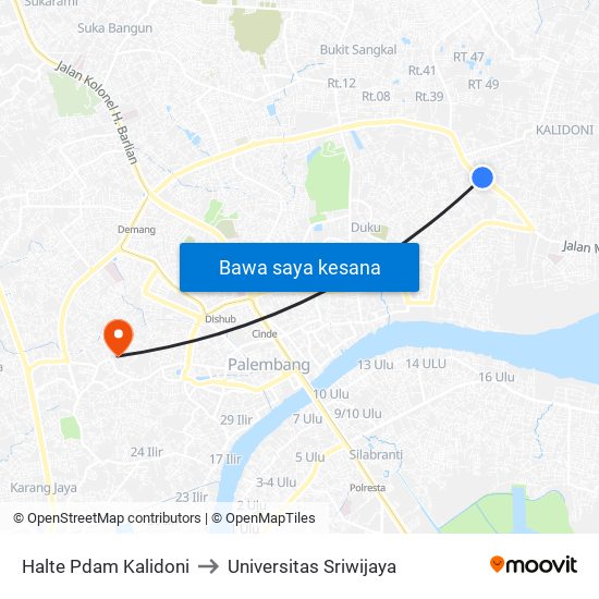 Halte Pdam Kalidoni to Universitas Sriwijaya map