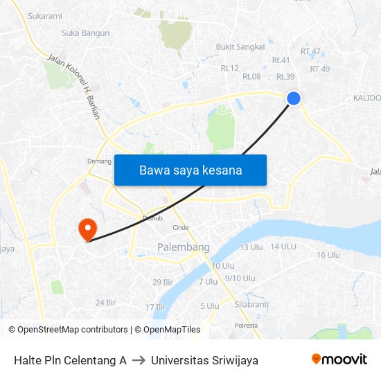 Halte Pln Celentang A to Universitas Sriwijaya map