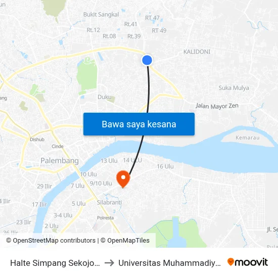 Halte Simpang Sekojo B to Universitas Muhammadiyah map