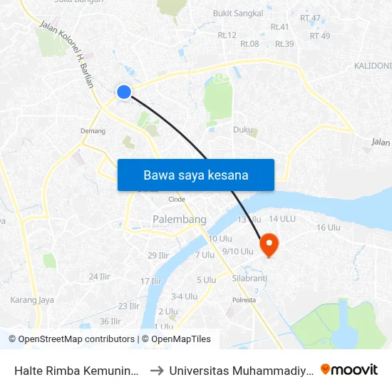 Halte Rimba Kemuning B to Universitas Muhammadiyah map