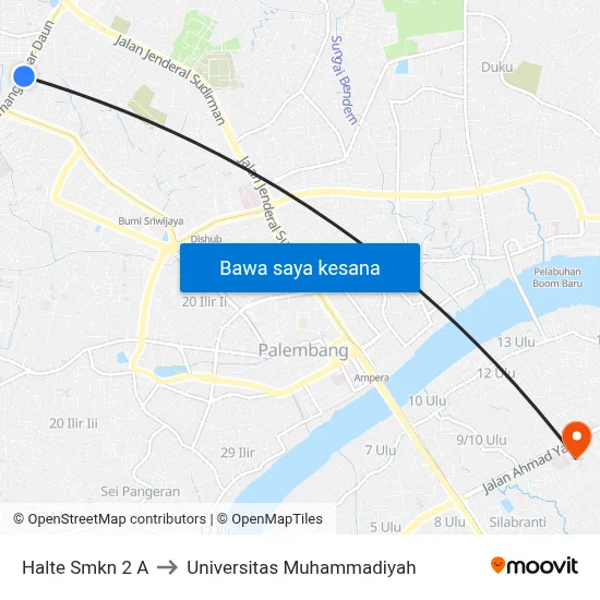 Halte Smkn 2 A to Universitas Muhammadiyah map