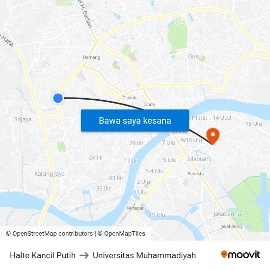 Halte Kancil Putih to Universitas Muhammadiyah map