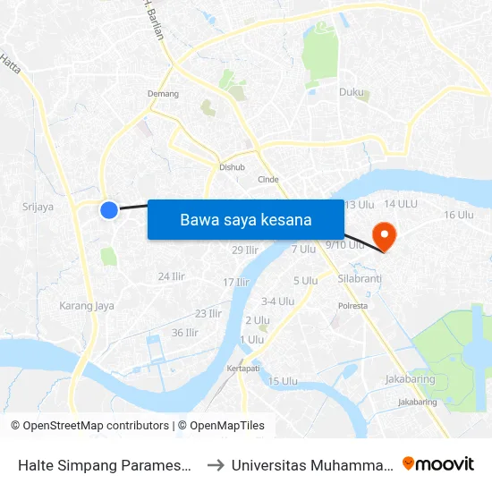 Halte Simpang Parameswara B to Universitas Muhammadiyah map