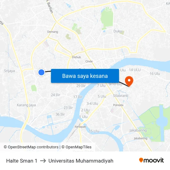 Halte Sman 1 to Universitas Muhammadiyah map
