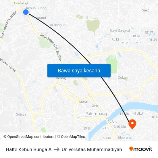Halte Kebun Bunga A to Universitas Muhammadiyah map