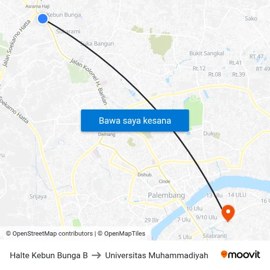 Halte Kebun Bunga B to Universitas Muhammadiyah map