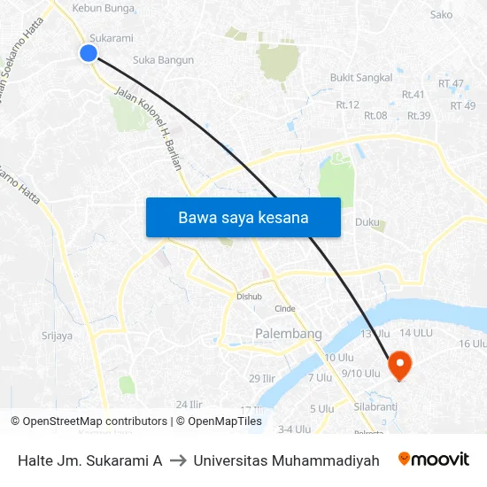Halte Jm. Sukarami A to Universitas Muhammadiyah map
