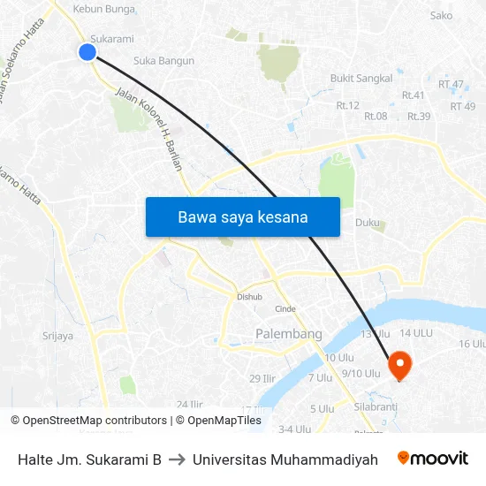 Halte Jm. Sukarami B to Universitas Muhammadiyah map
