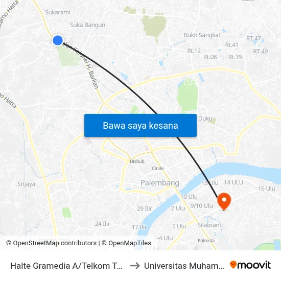 Halte Gramedia A/Telkom Talang Buruk to Universitas Muhammadiyah map