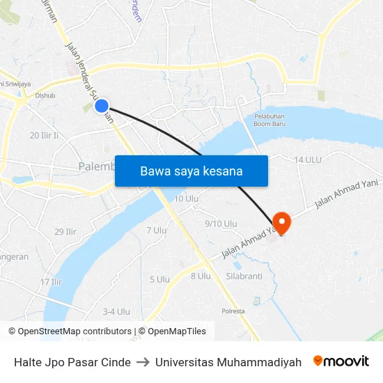 Halte Jpo Pasar Cinde to Universitas Muhammadiyah map