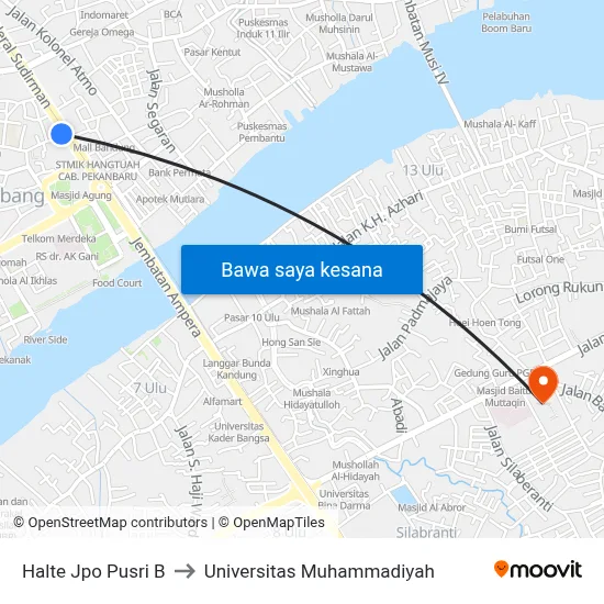 Halte Jpo Pusri B to Universitas Muhammadiyah map