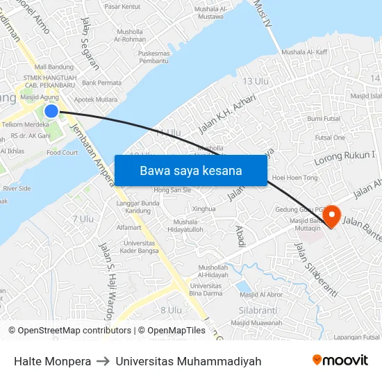 Halte Monpera to Universitas Muhammadiyah map