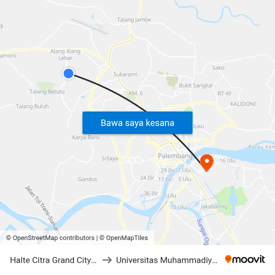 Halte Citra Grand City A to Universitas Muhammadiyah map