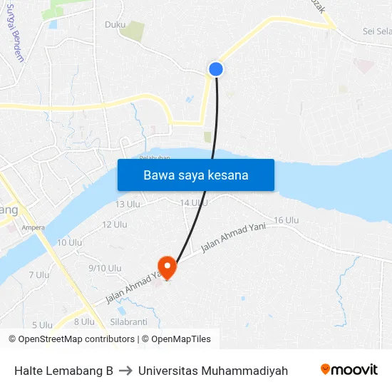 Halte Lemabang B to Universitas Muhammadiyah map