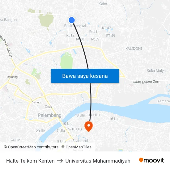 Halte Telkom Kenten to Universitas Muhammadiyah map
