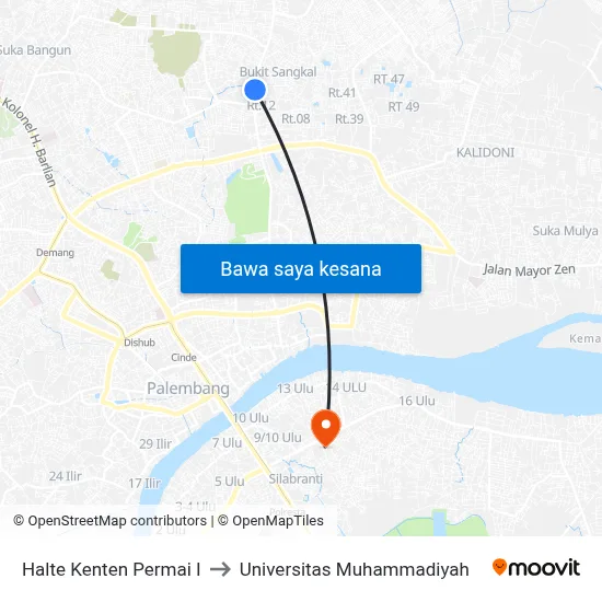 Halte Kenten Permai I to Universitas Muhammadiyah map