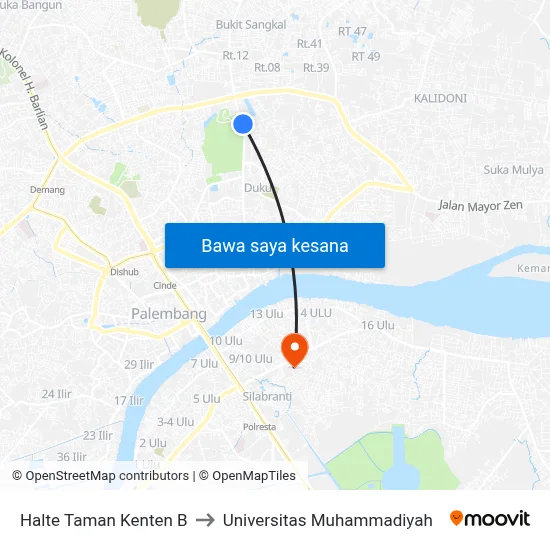 Halte Taman Kenten B to Universitas Muhammadiyah map