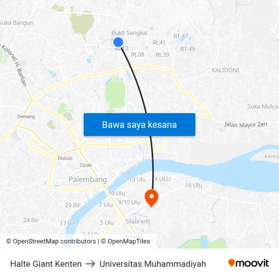 Halte Giant Kenten to Universitas Muhammadiyah map