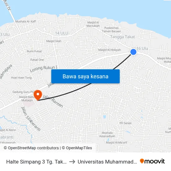 Halte Simpang 3 Tg. Takat A to Universitas Muhammadiyah map