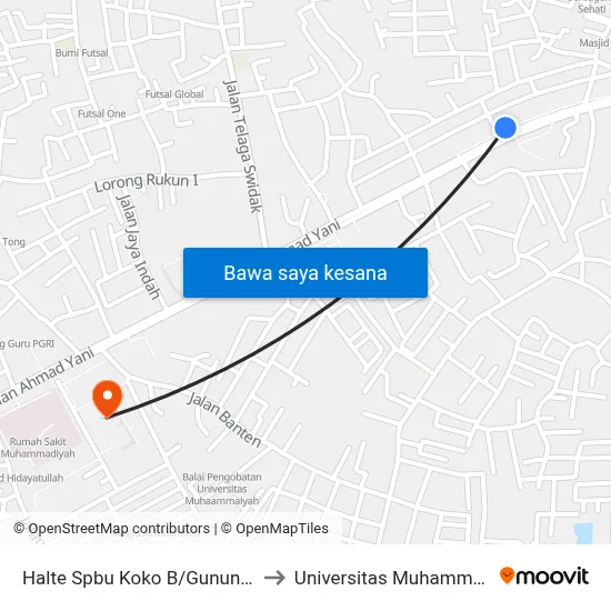 Halte Spbu Koko B/Gunung Meru to Universitas Muhammadiyah map