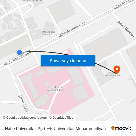Halte Universitas Pgri to Universitas Muhammadiyah map