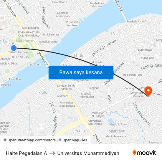 Halte Pegadaian A to Universitas Muhammadiyah map