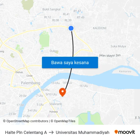 Halte Pln Celentang A to Universitas Muhammadiyah map