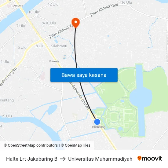 Halte Lrt Jakabaring B to Universitas Muhammadiyah map